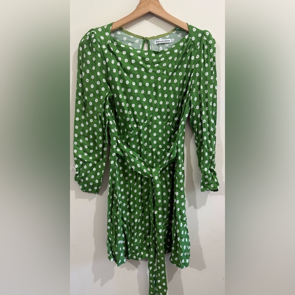 Reformation Green Polka Dot Long Sleeve Dress